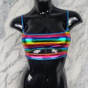 Dolls Kill Club Exx Small Rainbow Cropped Bra Top Cutout Metallic w/ ☆ RAINBOW ☆